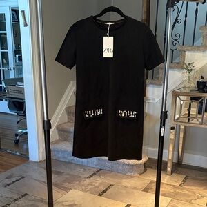 Zara Black Mini Dress with Embellished Pockets
